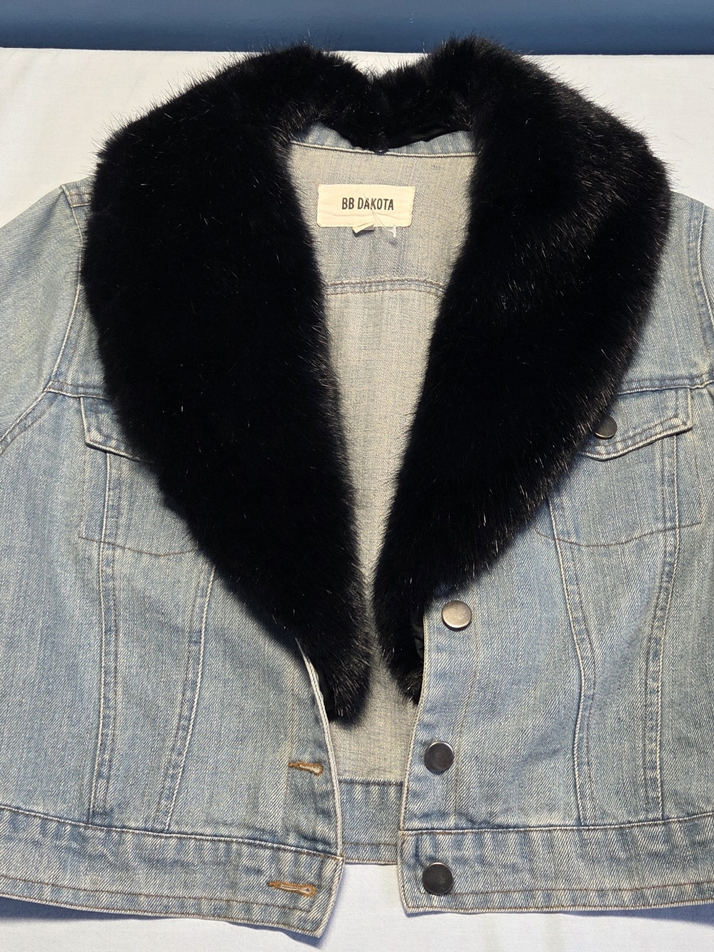 BB Dakota Light Wash Denim Jacket with Black Faux Fur Shawl Collar